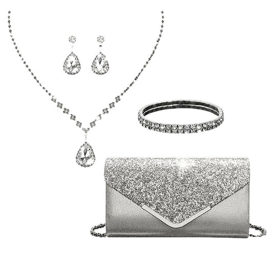 Elegant Rhinestone Bag & Jewelry Set – Glitter Purse Clutch with Necklace & Earrings